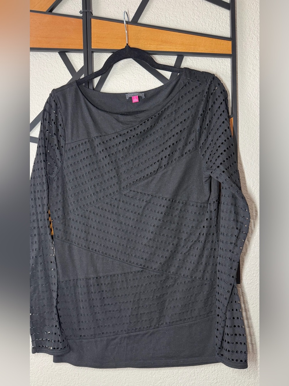 Vince Camuto Black Eyelet Long-Sleeve Top